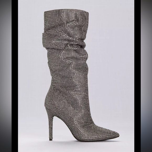 Jessica Simpson Layzer Rhinestone Slouch Heeled Boots in Pewter Silver 6 1/2